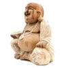 Hand carved suar wood happy buddha statue with whitewash finish and detailed robes standing 40cm tall