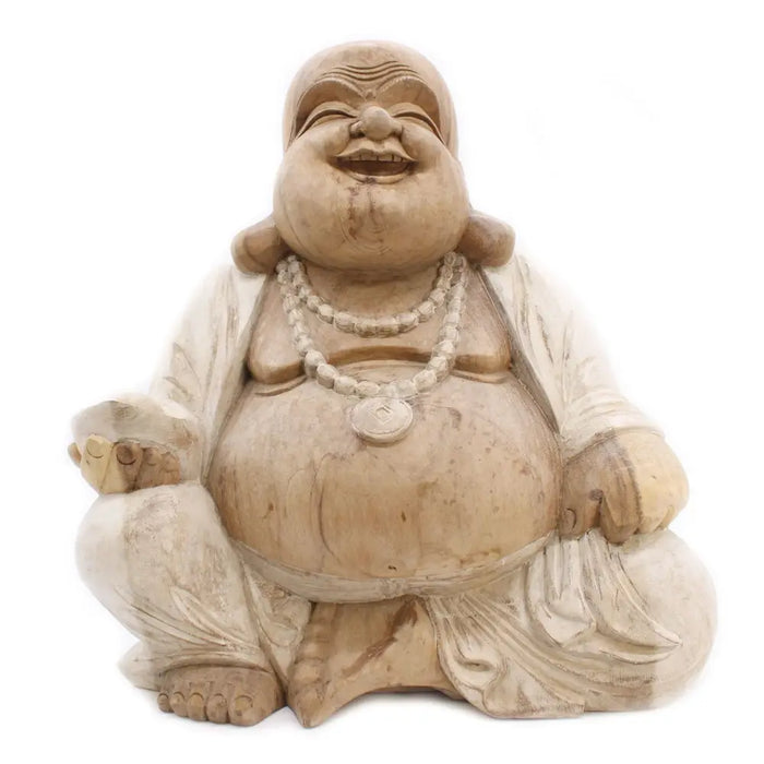 A carved wood happy buddha statue in whitewash finish made from suar wood with draped robes and beaded necklaces