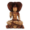 Carved wood shiva statue with serene face and third eye under dark brown cobra hood made from suar wood 50cm tall