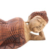 Carved wood sleeping buddha statue in suar wood with detailed textured hair and serene facial features, 50cm tall