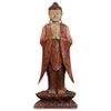 Carved wood standing Buddha statue in natural brown suar wood with intricate details on a lotus base