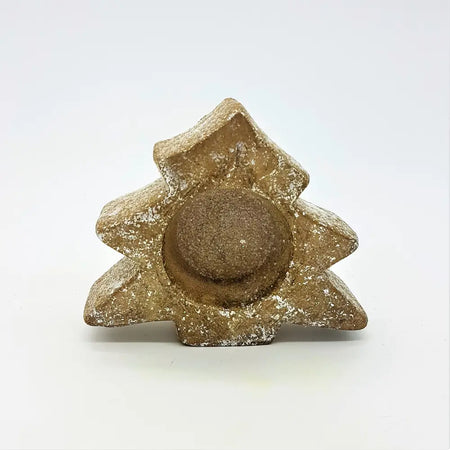 A rustic bronze ceramic christmas tree tealight holder with textured glitter and a slightly weathered finish