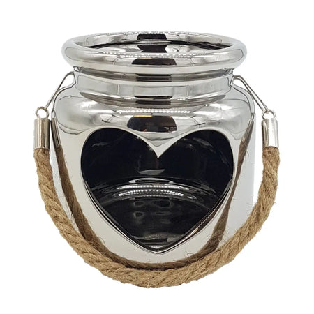Silver ceramic heart tealight holder with rope handle for wax melt and melt oil with replacement glass dish option