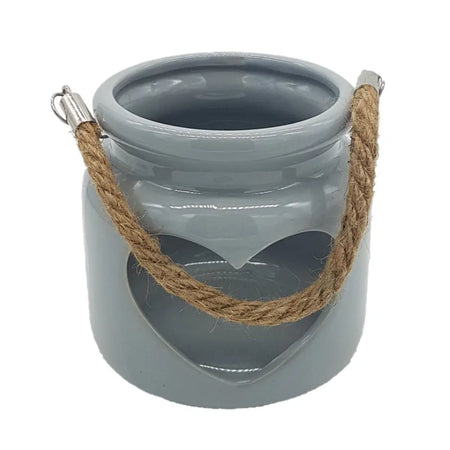 Gray ceramic heart tealight holder with natural twine handle for wax melt oil and replacement glass dish use