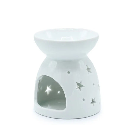 White ceramic oil burner with star cutouts and glossy finish for aromatherapy and home use