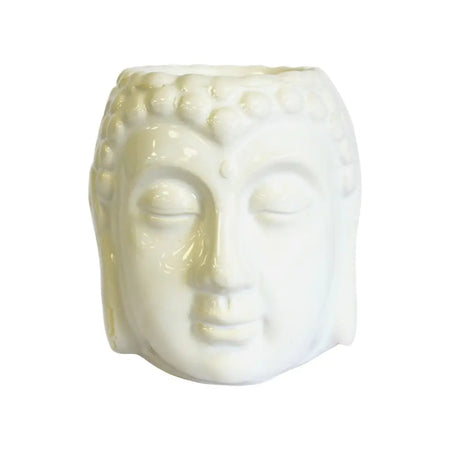 White ceramic buddha head oil burner planter with serene facial features and textured hair for home decor