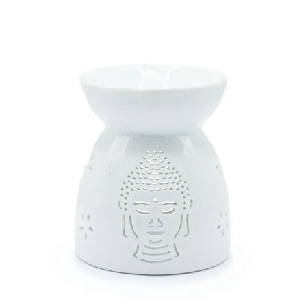 White ceramic oil burner with buddha theme and intricate perforated design for aromatherapy use