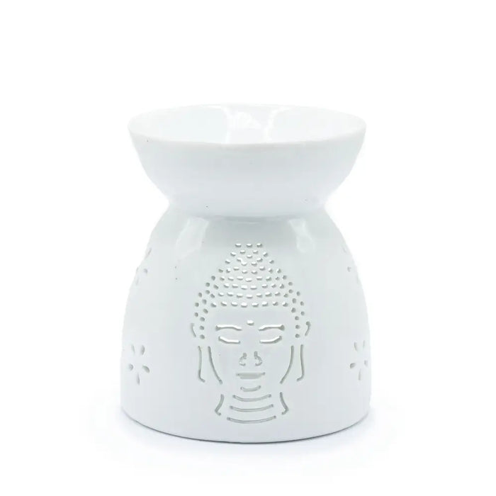 White ceramic oil burner with buddha theme and intricate perforated design for aromatherapy use