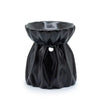 Black ceramic oil burner with a fluted petal top and pleated body for use as an oil burner decoration