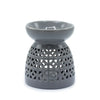 Gray ceramic oil burner with geometric lattice design for burning essential oils and incense