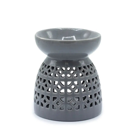 Gray ceramic oil burner with geometric lattice design for burning essential oils and incense