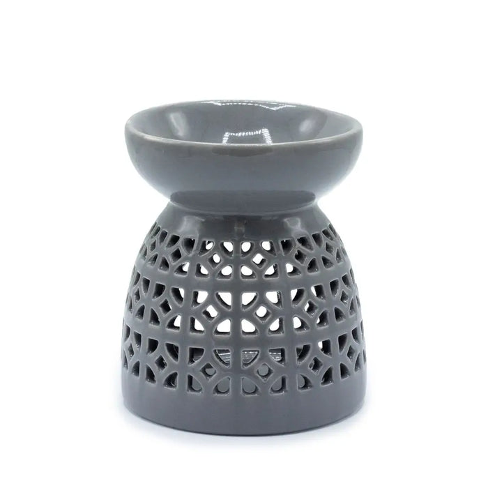 Gray ceramic oil burner with geometric lattice design for burning essential oils and incense