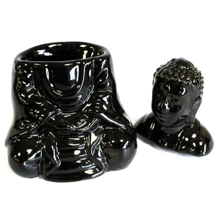 Black glossy ceramic seated buddha oil burner with detachable head used as an oil burner for aromatherapy