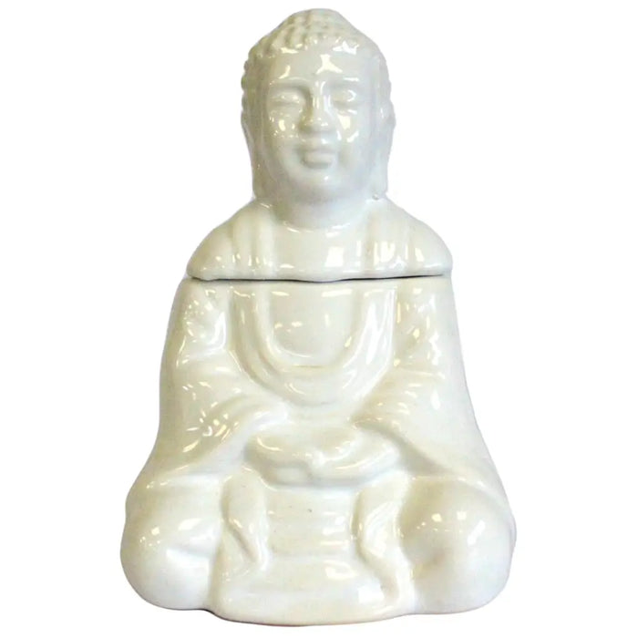 White ceramic oil burner shaped like a seated buddha with smooth glossy finish for meditation and relaxation