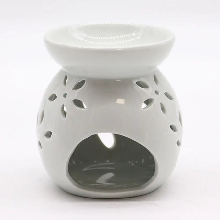 White ceramic oil burner with tree floral cutout patterns and smooth glossy finish for oil burners use