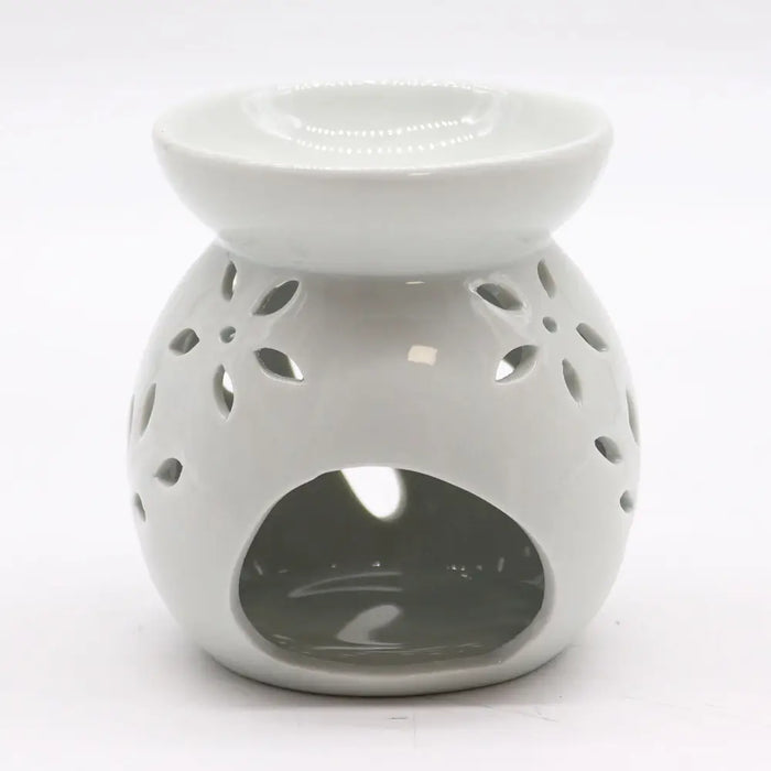 White ceramic oil burner with tree floral cutout patterns and smooth glossy finish for oil burners use