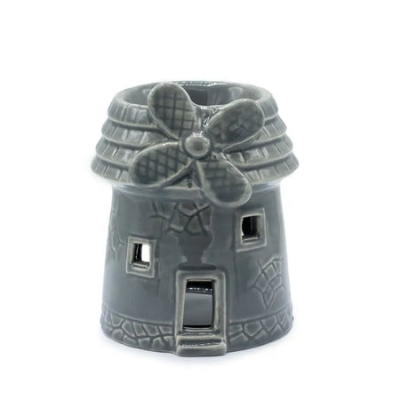 Gray ceramic oil burner shaped like a windmill with textured roof and decorative windows for home use
