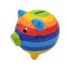 Ceramic rainbow piggy bank money box with blue ears green snout and coin slot on its back