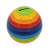 Ceramic rainbow money box piggy bank with green coin slot and colorful striped design for saving coins