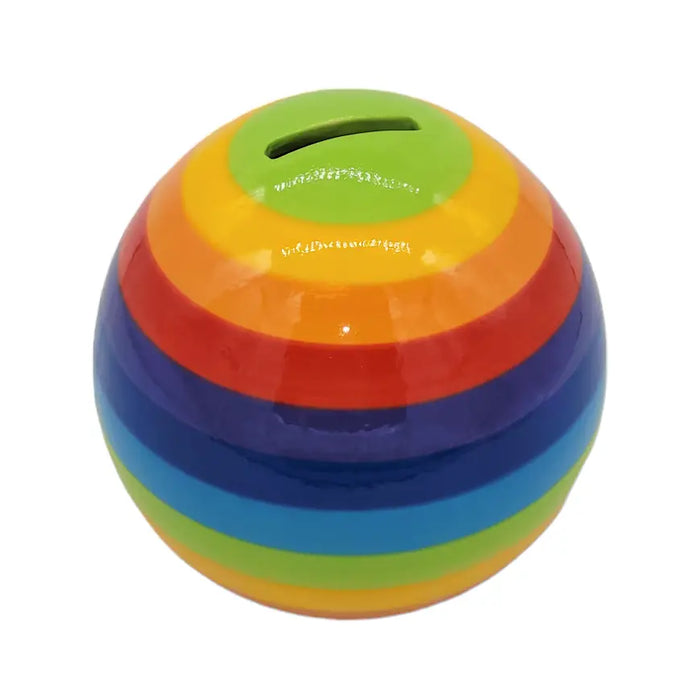 Ceramic rainbow money box piggy bank with green coin slot and colorful striped design for saving coins