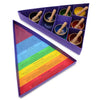 Purple triangular box with seven colorful chakra singing bowls and wooden mallets in a bowl gift set
