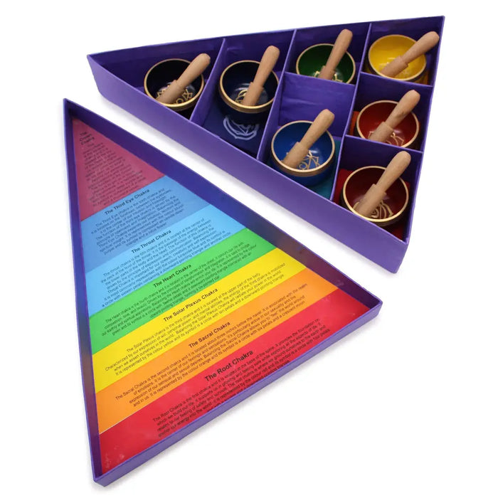 Purple triangular box with seven colorful chakra singing bowls and wooden mallets in a bowl gift set