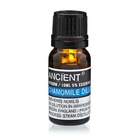 A small amber glass bottle with black cap labeled ancient wisdom roman chamomile essential oil dilution 10ml