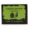 Charcoal soap bar with activated charcoal in black and lime green packaging scented with eucalyptus and cedarwood for face and body