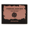 Black and rose box with a charcoal soap bar scented with geranium featuring activated charcoal ingredients