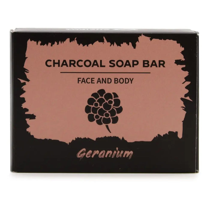 Black and rose box with a charcoal soap bar scented with geranium featuring activated charcoal ingredients