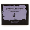 Black and lavender rectangular box packaging for charcoal soap with activated charcoal and lavender scent
