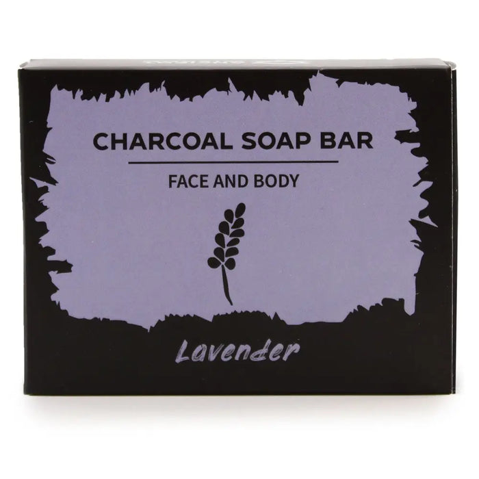 Black and lavender rectangular box packaging for charcoal soap with activated charcoal and lavender scent
