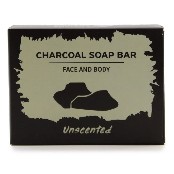 Black rectangular box containing an unscented charcoal soap bar made with activated charcoal for face and body use