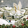 A white and brown snowy owl with outstretched wings flies over a snowy village on a charity christmas card by sarah bowman