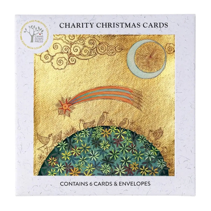 A charity christmas card pack by linda edwards with six ornate gold celestial cards on textured paper