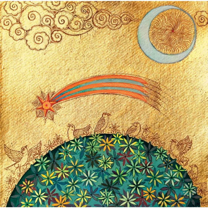A charity christmas card pack by linda edwards showing a vibrant comet over a green and blue floral landscape
