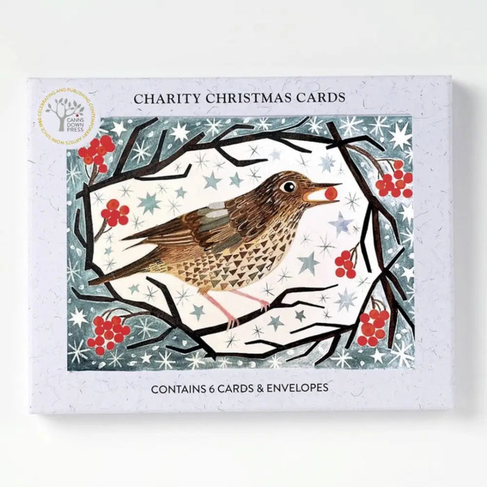 A christmas card pack featuring a brown song thrush on branches with red berries in a snowy starry background
