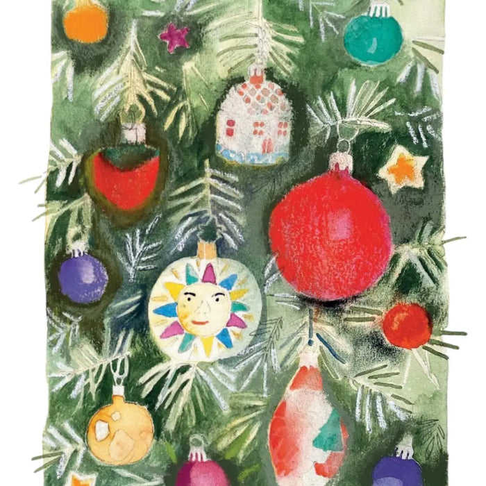 A vibrant red glossy christmas ornament hangs on pine branches in a charity christmas card pack by jill leman