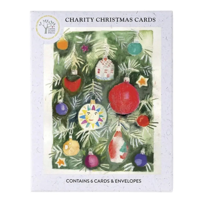 A christmas card pack with six cards featuring colorful ornaments and pine branches on light gray textured cardstock