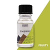 A clear glass bottle with black cap labeled ancient wisdom cherry fragrance oil 10ml with allergen declarations