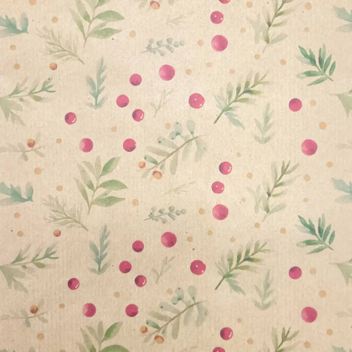 Beige recycled kraft wrapping paper with a watercolor pattern of green leaves and pink berries on kraft paper