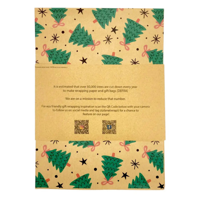 Beige recycled kraft wrapping paper with green christmas trees pink bows and black stars festive pattern on kraft paper