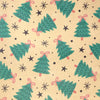 Beige recycled kraft wrapping paper with teal christmas trees pink bows black stars and dotted accents on kraft paper