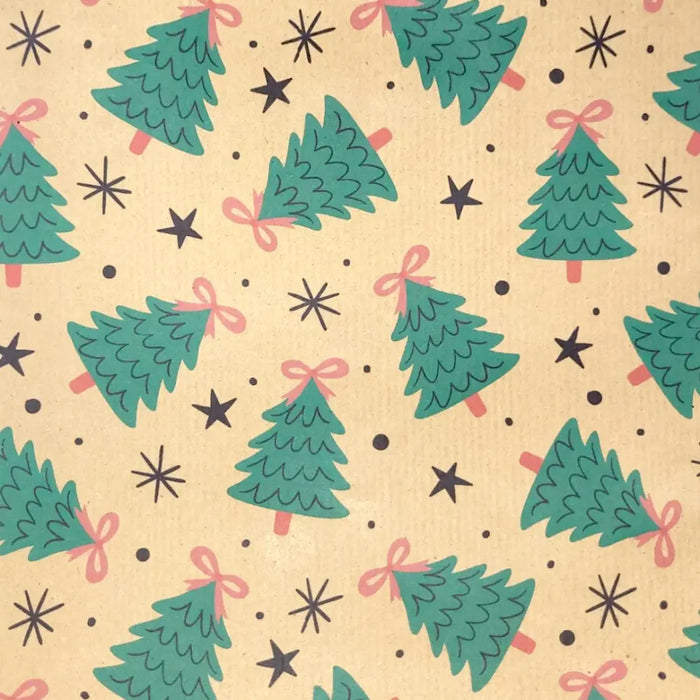 Beige recycled kraft wrapping paper with teal christmas trees pink bows black stars and dotted accents on kraft paper