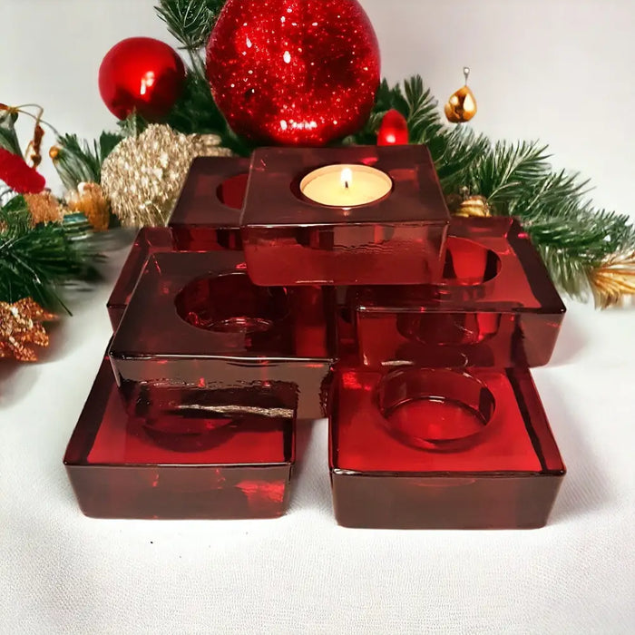 Red square chunky glass tealight holder with frosted texture and a modern square design for tabletop use