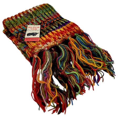 Chunky hand-knit wool scarf with electric orange stripes and long fringes made from fair trade black yak wool