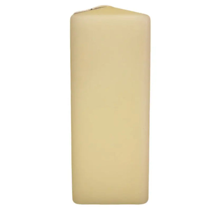 A tall cream-colored square church candle with smooth edges made for long burn time measuring 150 x 60 x 60mm