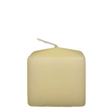 Cream-colored church candle square 60mm x 60mm with thin wick and long burn time in simple design