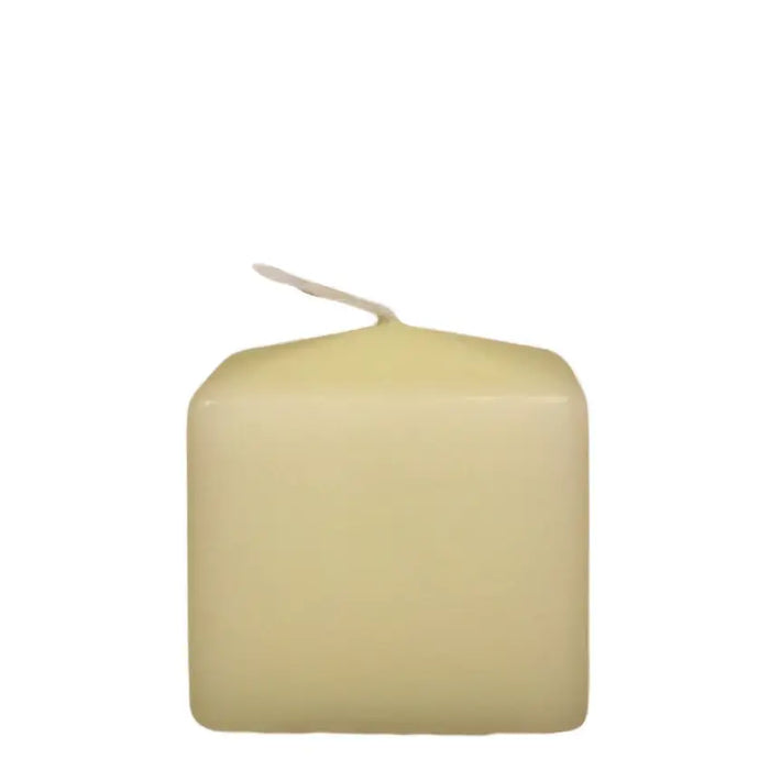 Cream-colored church candle square 60mm x 60mm with thin wick and long burn time in simple design