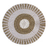 Circular seagrass rug with concentric rings of beige and off white natural fibers in a woven design
